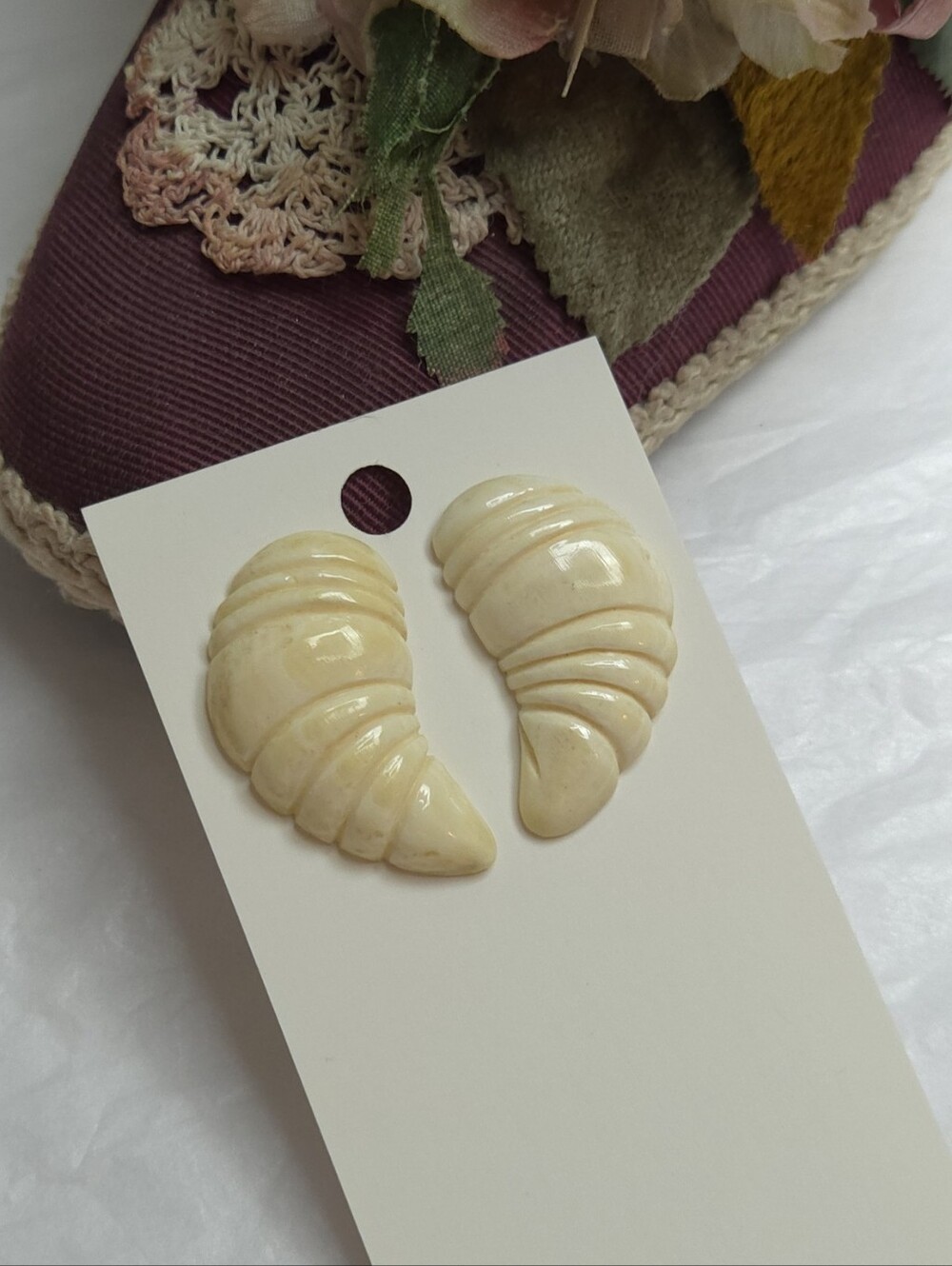Vintage Hand Carved Bone Shell or Shrimp Style Earrings Gold Plated Post Earring